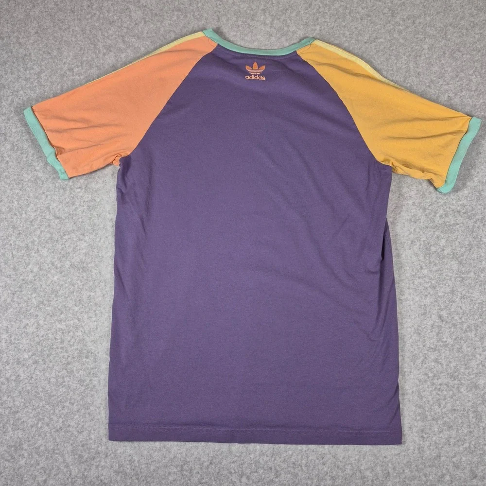 Adidas T-Shirt Mens Medium Purple Colorblock Raglan Trefoil Script Logo Tee